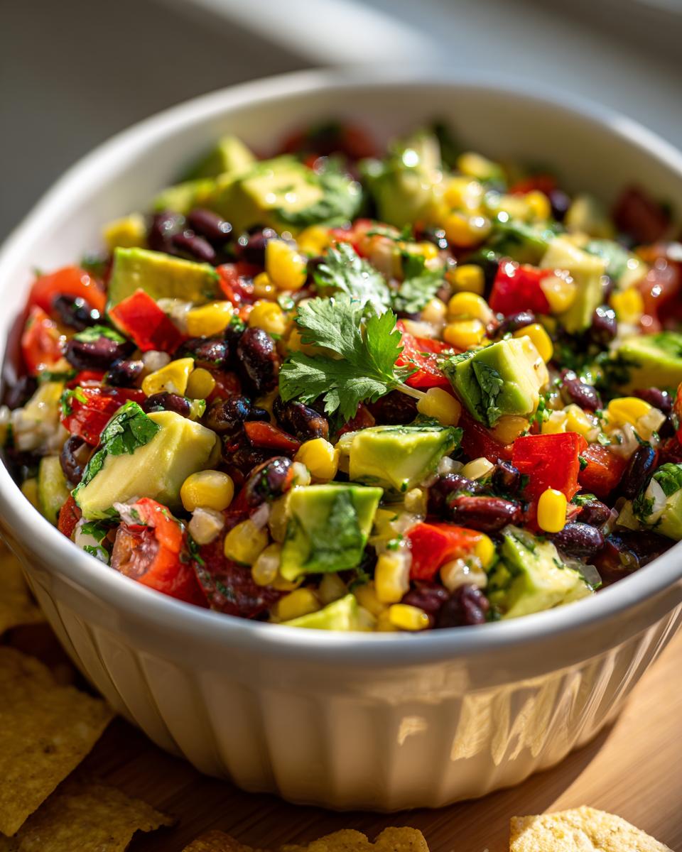 Close-up of cowboy caviar dip in a white bowl, featuring avocado, corn, black beans, tomatoes, and cilantro.