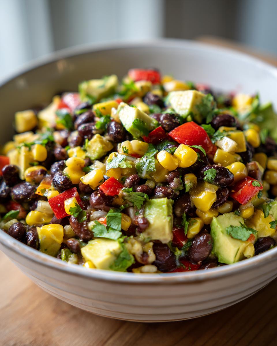 A vibrant bowl of Cowboy caviar dip with black beans, corn, avocado, and red bell pepper.