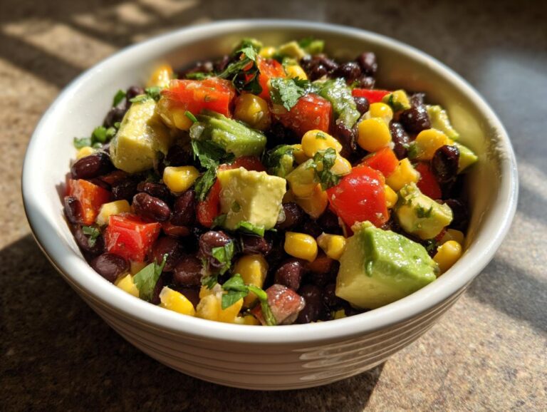 A colorful bowl of Cowboy caviar dip with black beans, corn, avocado, tomatoes, and herbs.