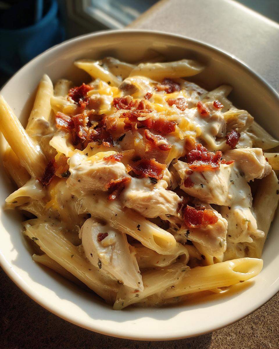 A bowl of crack chicken pasta featuring penne, creamy sauce, chicken, bacon, and cheese.