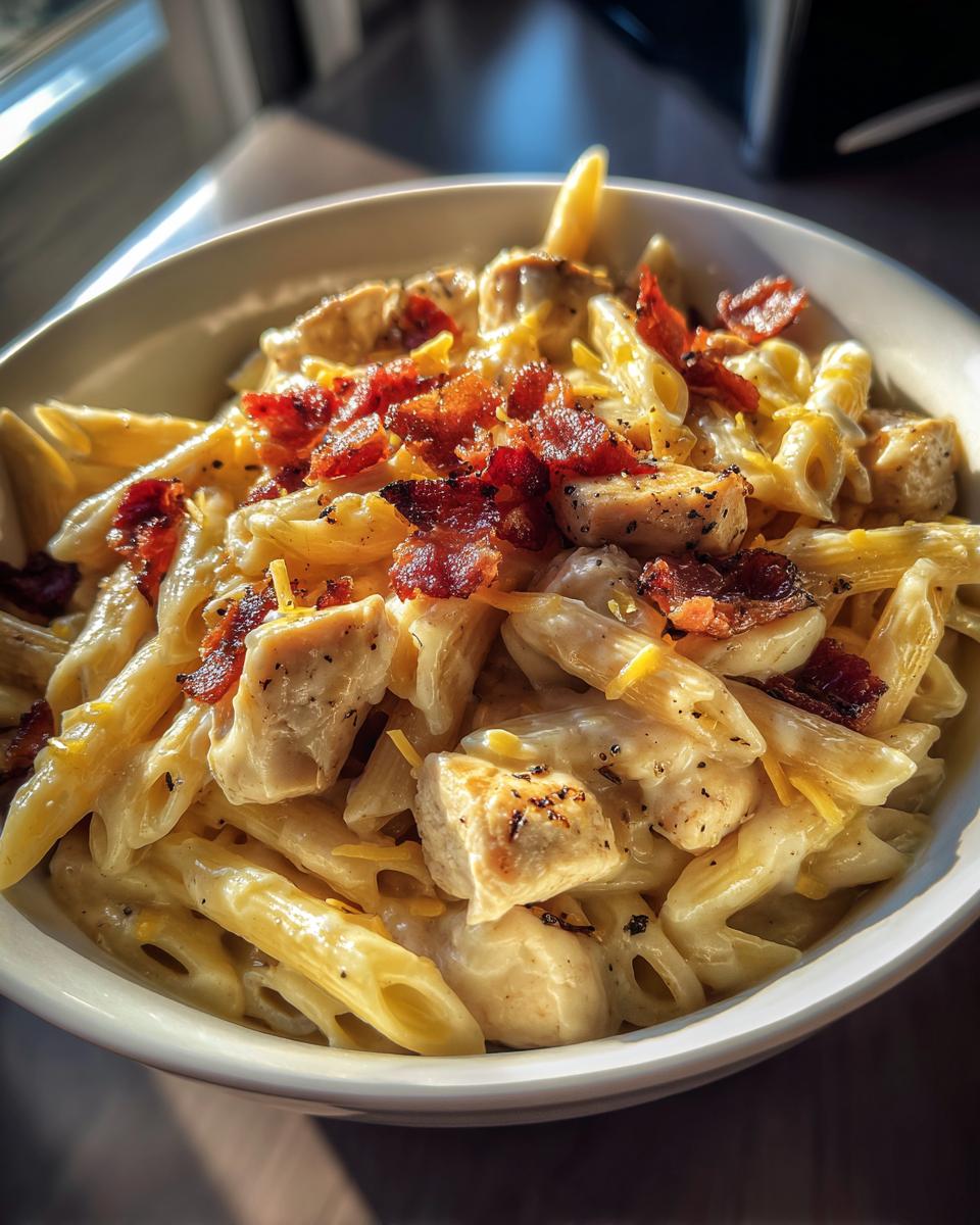 A bowl of crack chicken pasta featuring penne, creamy sauce, chicken, bacon, and cheese.