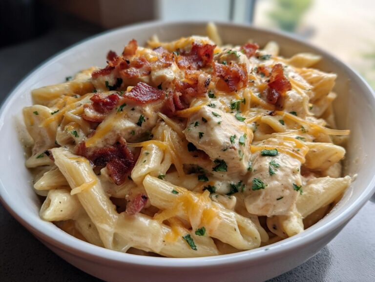 A bowl of creamy crack chicken pasta with penne, chicken, bacon, cheese, and parsley.