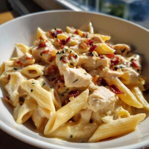A bowl of creamy crack chicken pasta with penne, chicken, bacon, and herbs.