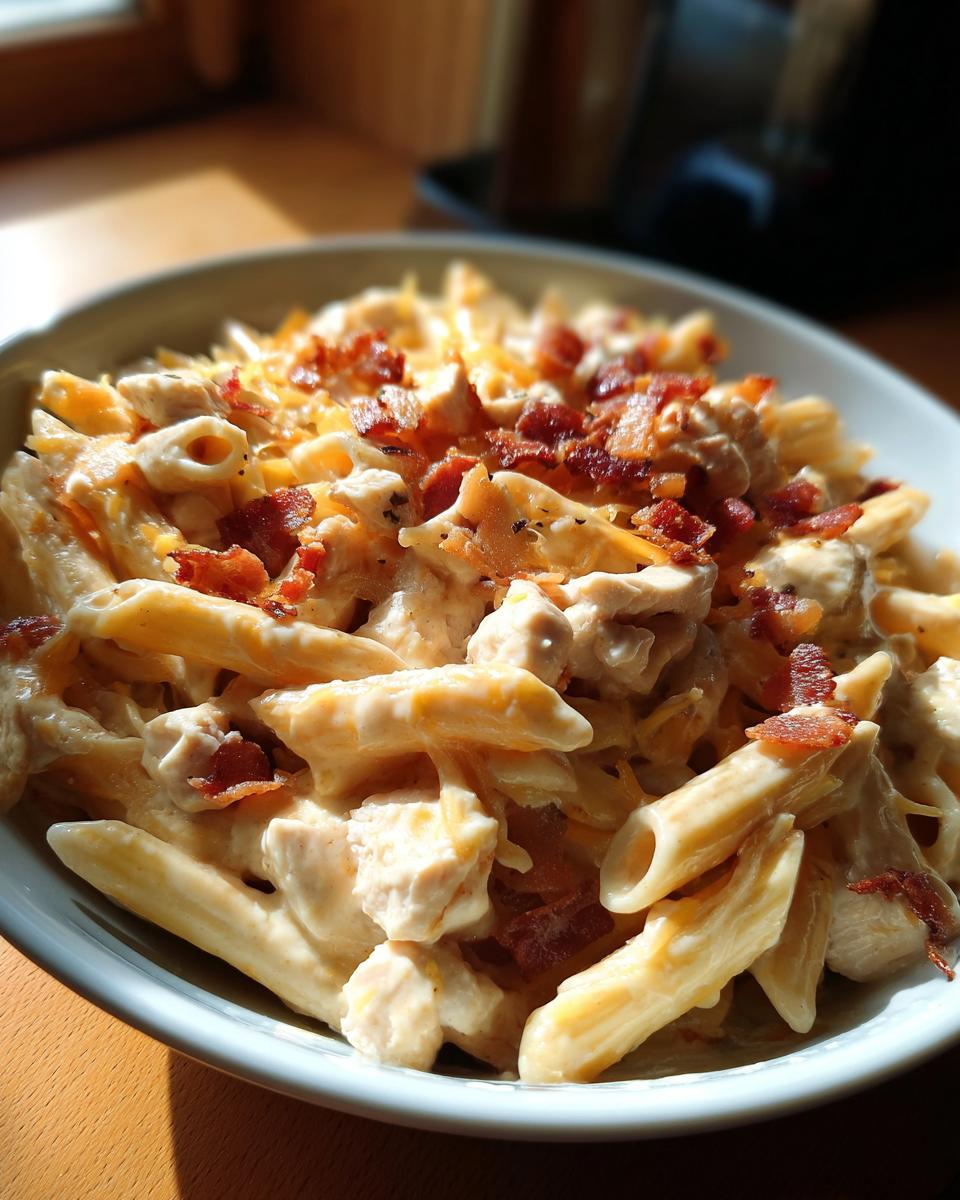 A bowl of creamy crack chicken pasta with penne, chicken, bacon, and cheese.