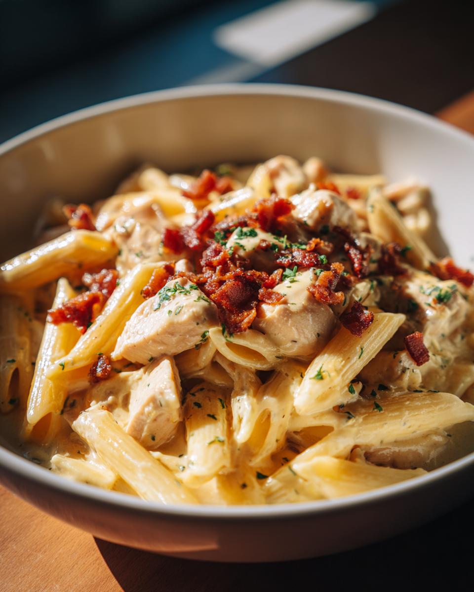 Bowl of creamy crack chicken pasta with penne, chicken, bacon, and a creamy sauce.