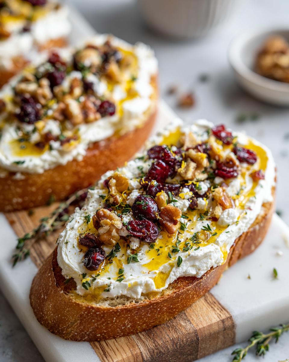Close-up of a butter board idea with whipped butter, cranberries, walnuts, and herbs on toasted bread.