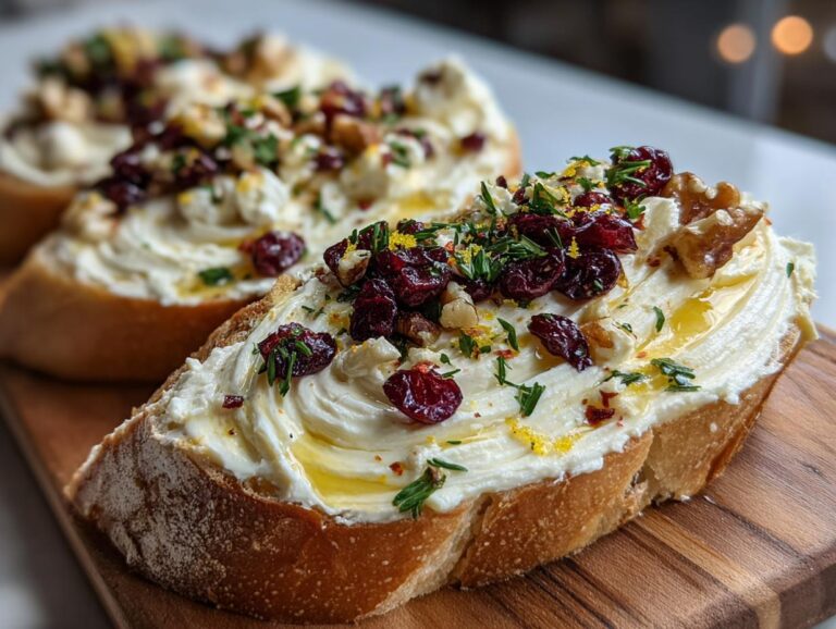 Close-up of butter board ideas featuring creamy butter, cranberries, and walnuts on sliced bread.