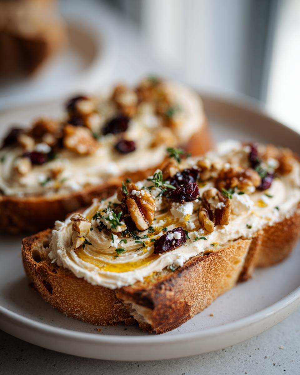 Close-up of toast topped with a butter board ideas spread, cranberries, walnuts, herbs, and a drizzle of oil.