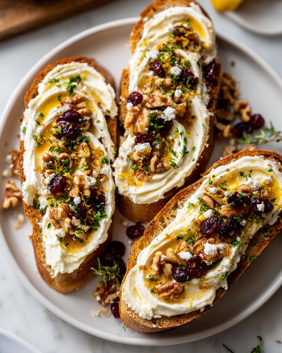 Three slices of toast topped with a butter board spread, cranberries, walnuts, and herbs. Butter board ideas.