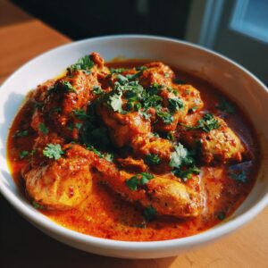 A bowl of creamy Butter Chicken, garnished with fresh cilantro, ready to be served.