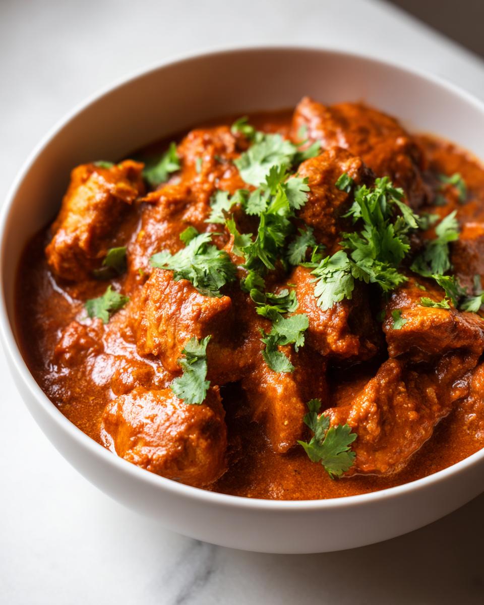 Close-up of creamy Butter Chicken in a white bowl, garnished with fresh cilantro.