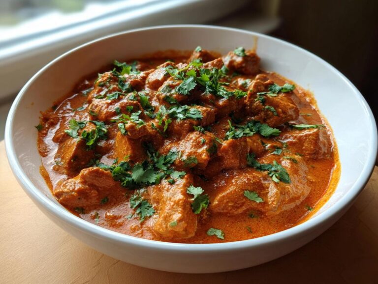 A bowl of creamy Butter Chicken garnished with fresh cilantro, ready to be served.