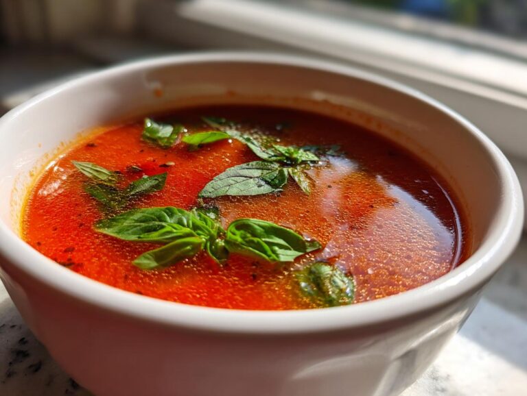 Close-up of a bowl of creamy Tomato Basil Soup, garnished with fresh basil leaves.