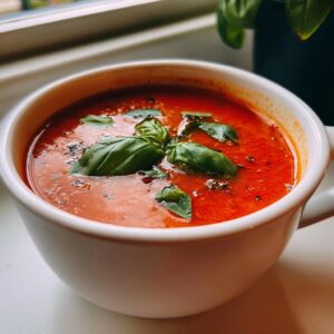 A white mug filled with creamy Tomato Basil Soup, garnished with fresh basil leaves and pepper.