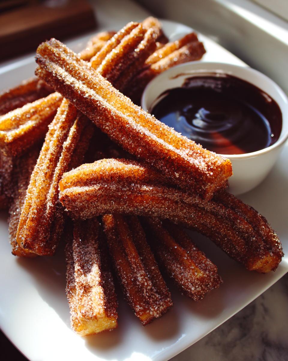 A pile of golden brown churros coated in sugar, served with a bowl of rich chocolate dipping sauce.