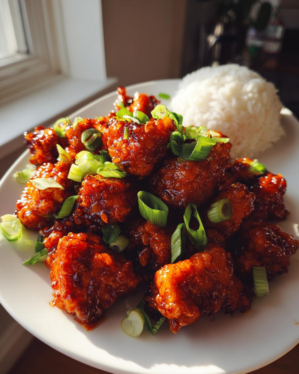 Close-up of Crispy General Tso’s Tofu served on a white plate with a side of white rice and garnished with green onions.