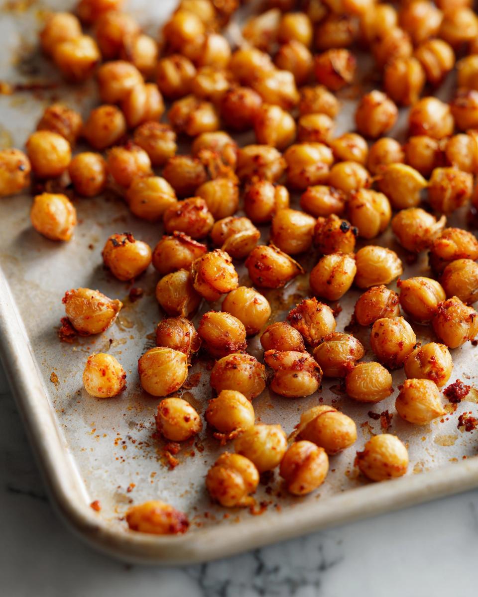 Close-up of freshly baked, crispy Roasted Chickpeas seasoned with spices on a baking sheet.
