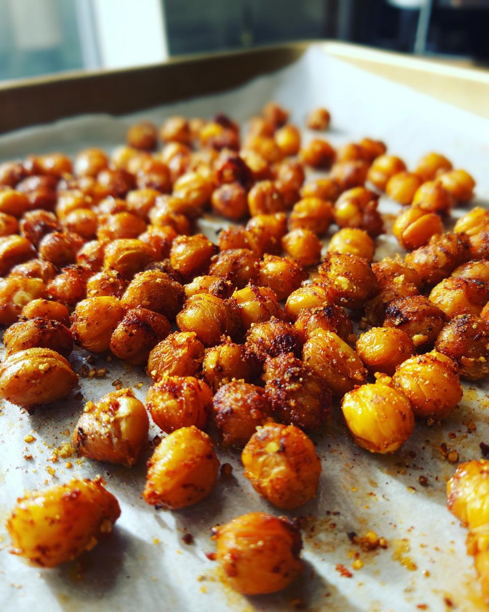 Close-up of golden brown Crispy Roasted Chickpeas spread on a parchment-lined baking sheet.
