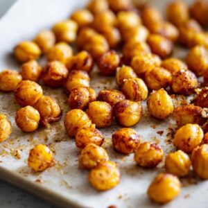Close-up of golden brown Crispy Roasted Chickpeas on a parchment-lined baking sheet.