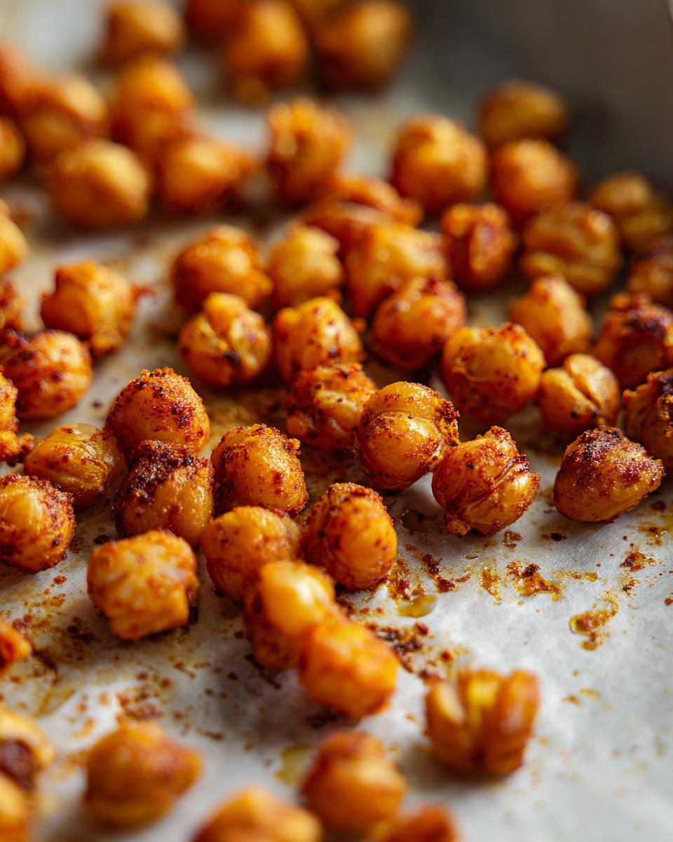 Close-up of crispy Roasted Chickpeas seasoned and baked on parchment paper.