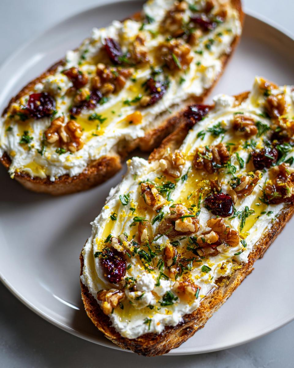 Two slices of crostini with a creamy spread, walnuts, dried cranberries, herbs, and drizzle, a butter board idea.