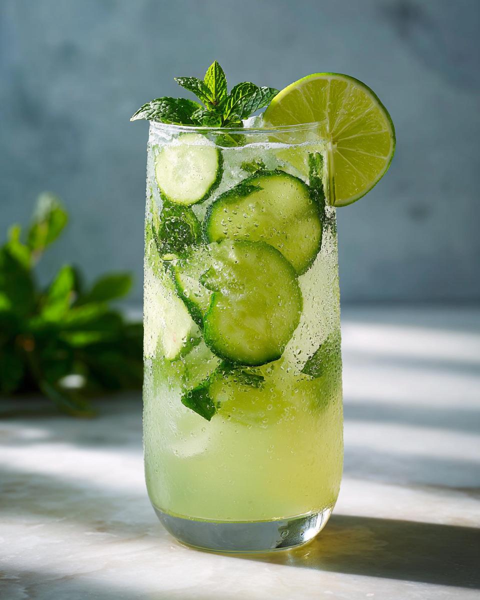 Iced cucumber lime agua fresca in a glass, garnished with cucumber slices, lime, and mint.