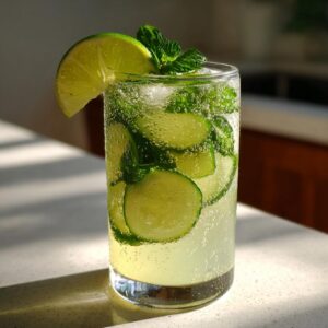 A glass of cucumber lime agua fresca with cucumber slices, mint, and a lime wedge.