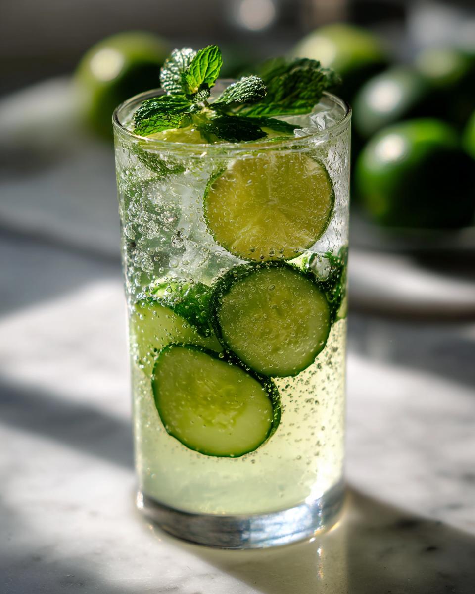 Tall glass of Cucumber lime agua fresca with cucumber and lime slices, garnished with mint.