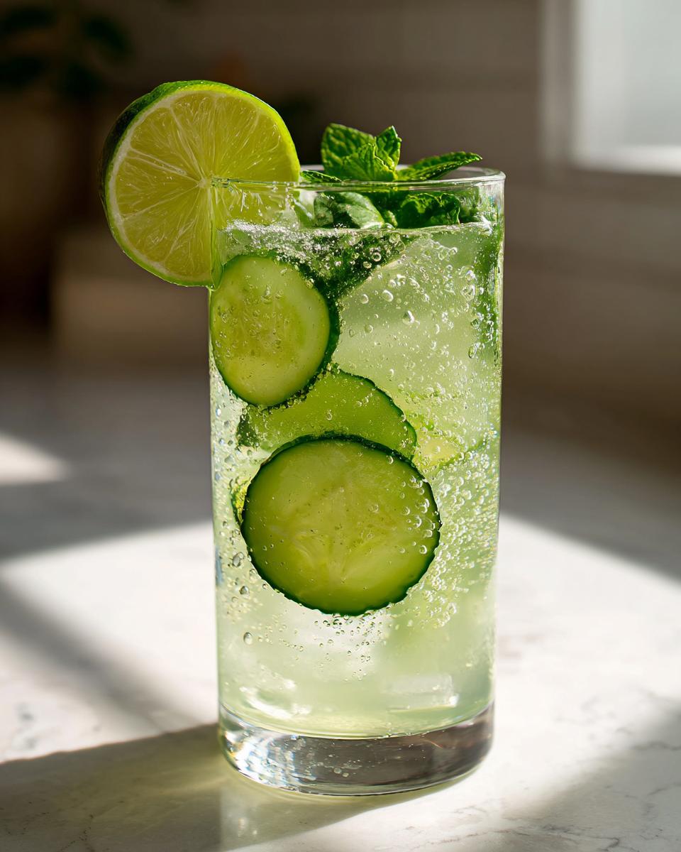 Tall glass of Cucumber lime agua fresca with cucumber slices, lime garnish, and mint.