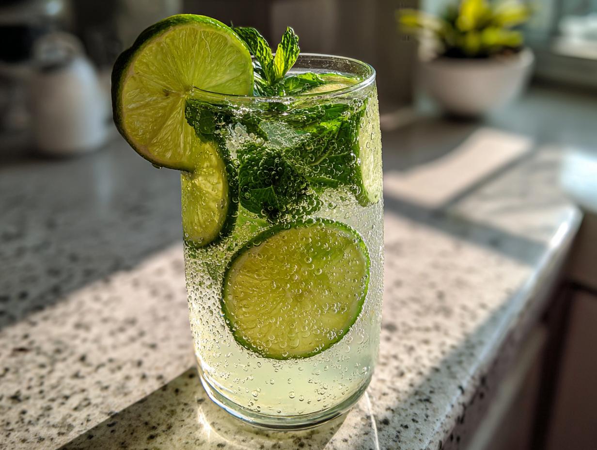 A glass of refreshing cucumber lime agua fresca with lime slices and mint.