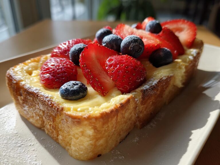 Custard yogurt toast topped with fresh strawberries and blueberries, dusted with powdered sugar.