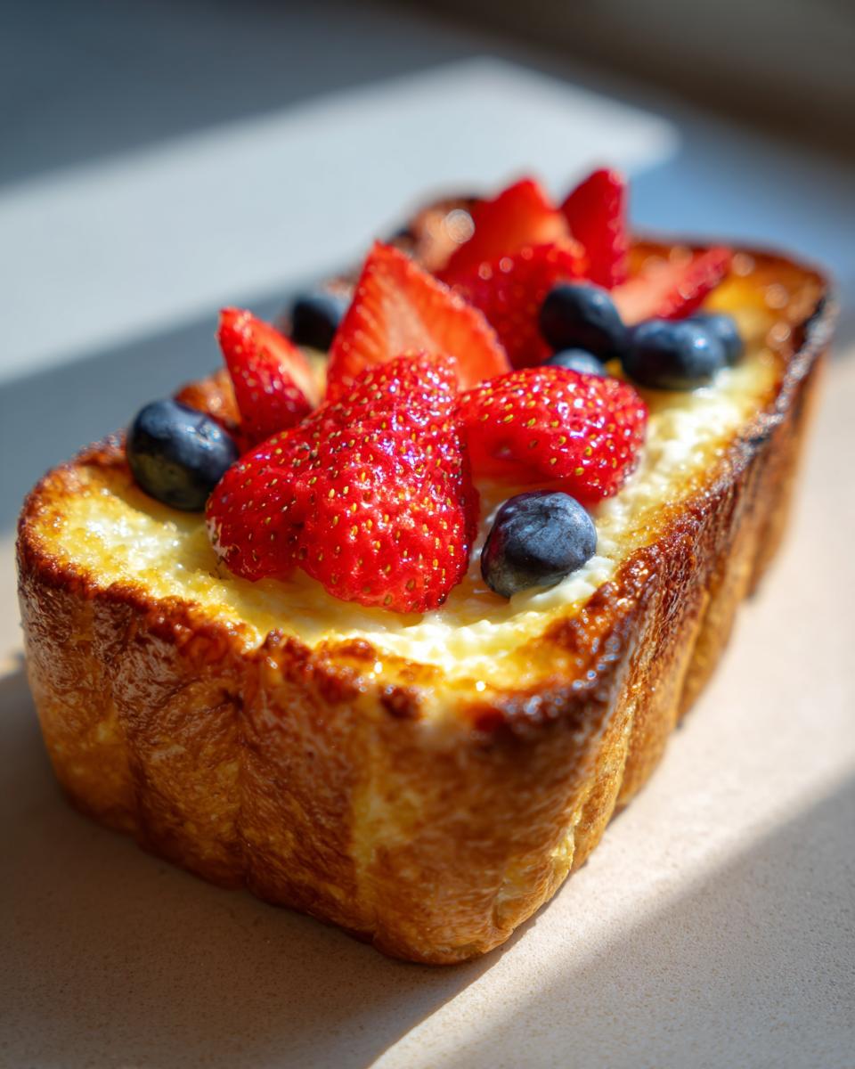 Close-up of Custard Yogurt Toast topped with fresh strawberries and blueberries.