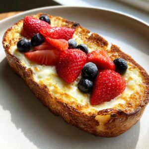 Delicious custard yogurt toast topped with fresh strawberries and blueberries on a plate.