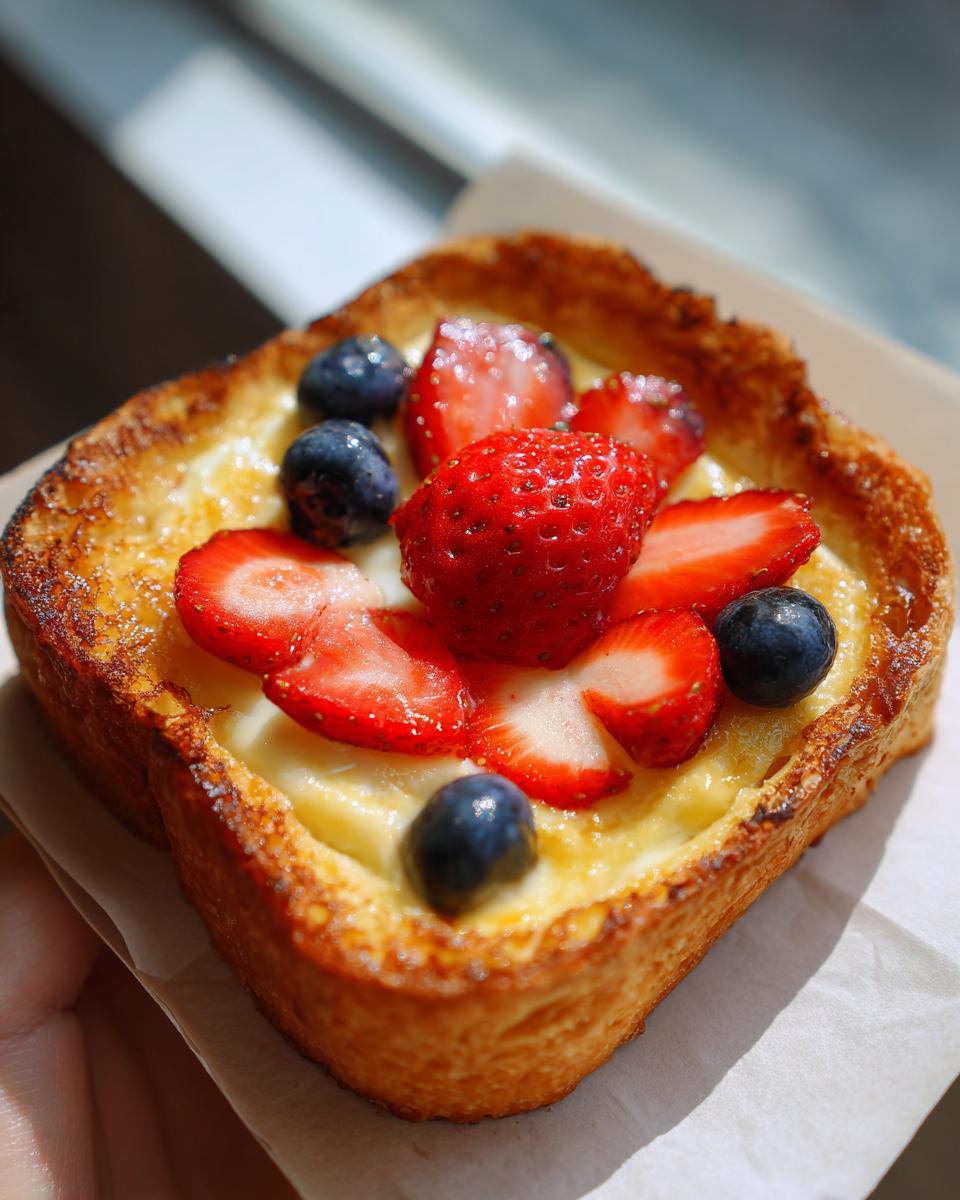 Close-up of custard yogurt toast topped with fresh strawberries and blueberries.