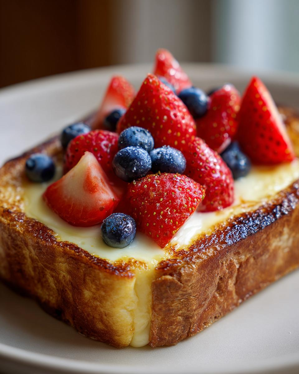 Close-up of custard yogurt toast topped with fresh strawberries and blueberries.