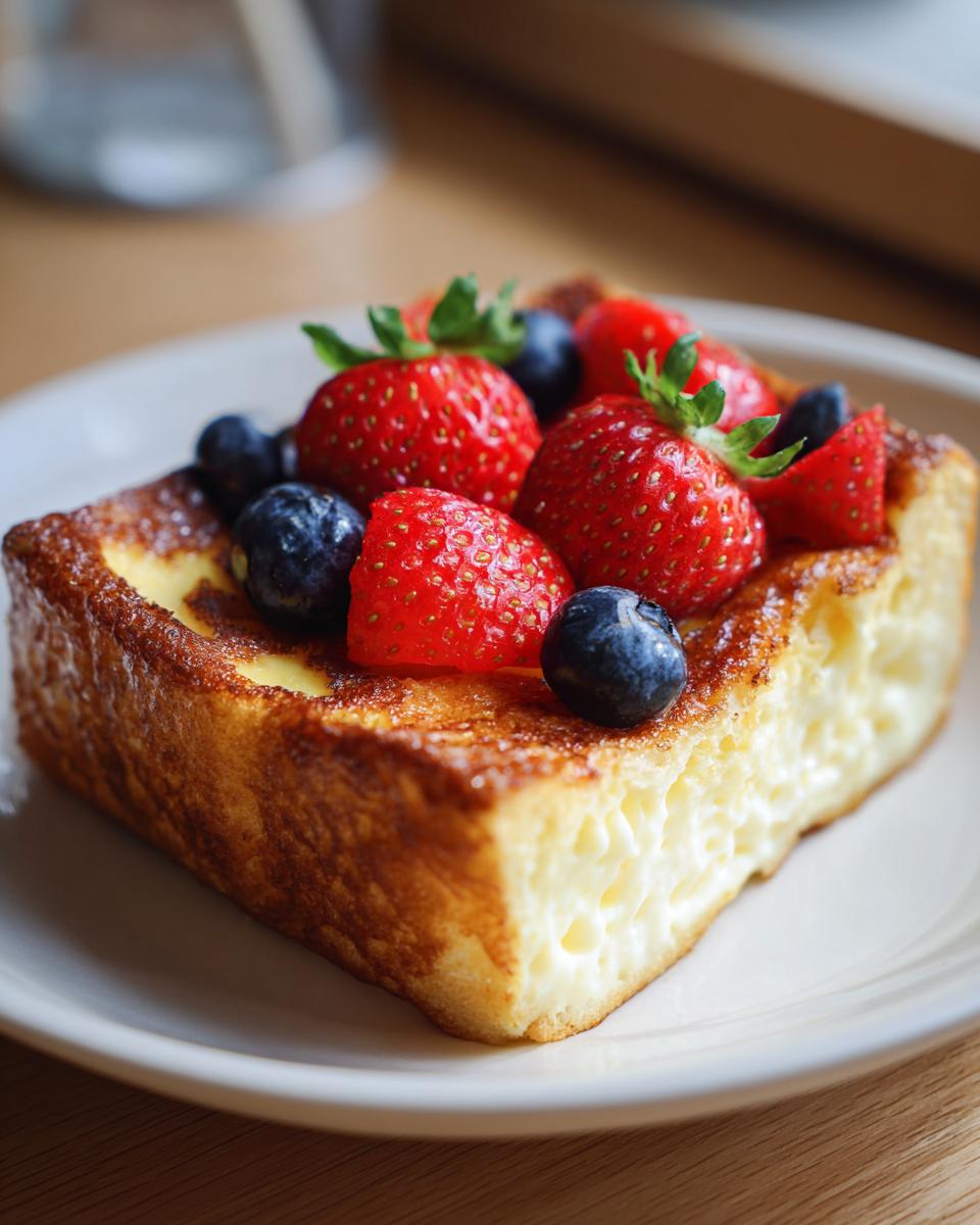Delicious custard yogurt toast topped with fresh strawberries and blueberries, ready to eat.
