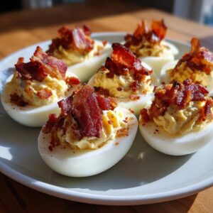Six deviled eggs with bacon crumbles on a plate, perfect for a party appetizer.