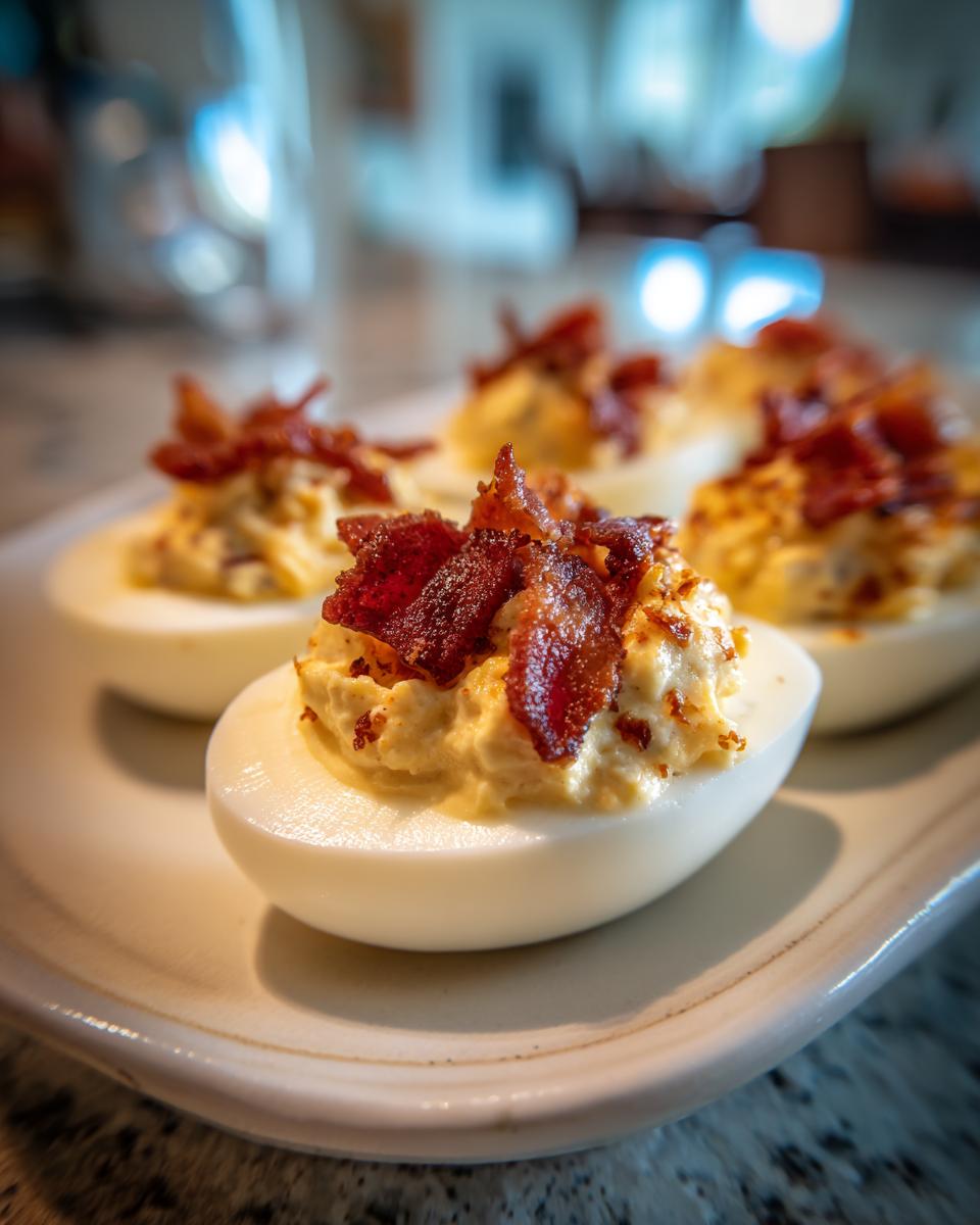 Close-up of deviled eggs with bacon on a white plate. Creamy filling topped with crispy bacon pieces.