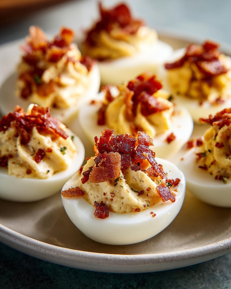 Close-up of deviled eggs with bacon crumbles on a plate, perfect for a party appetizer.