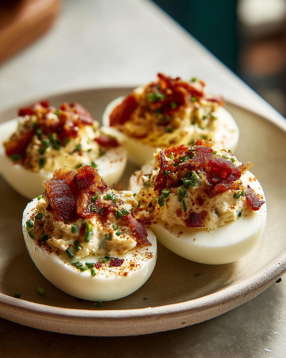 Four deviled eggs with bacon crumbles and chives on a plate. Smoky deviled eggs with bacon recipe.