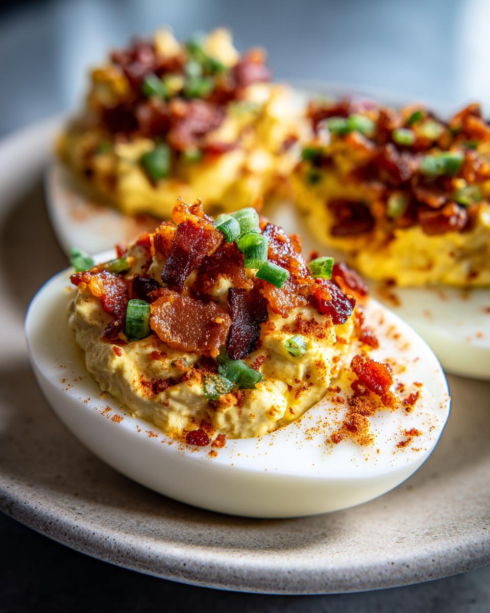 Close-up of deviled eggs with bacon, garnished with green onions and paprika. Delicious deviled eggs with bacon.