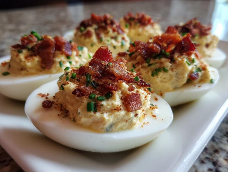 A platter of creamy deviled eggs with bacon, garnished with fresh chives. Perfect deviled eggs with bacon appetizer.