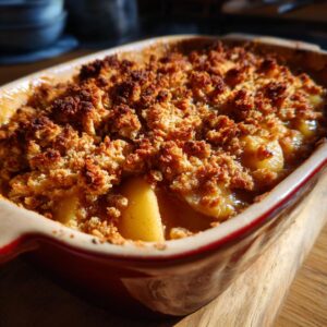 Close-up of a freshly baked Easy Apple Crisp in a red baking dish, showing the golden-brown crumble topping.