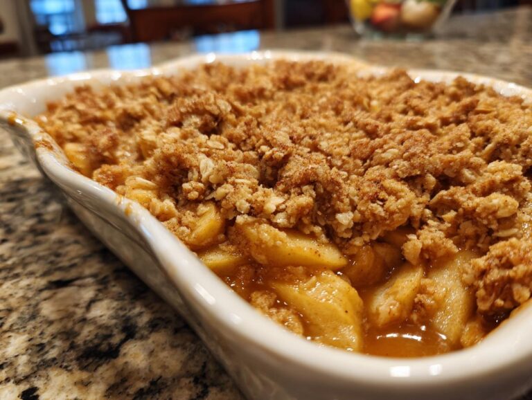 Close-up of an Easy Apple Crisp in a white baking dish, featuring a golden-brown oat topping.