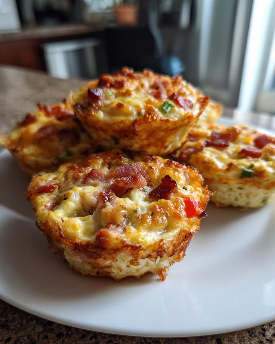 A plate of homemade Egg Muffin Cups with bacon, peppers, and cheese, ready to eat.