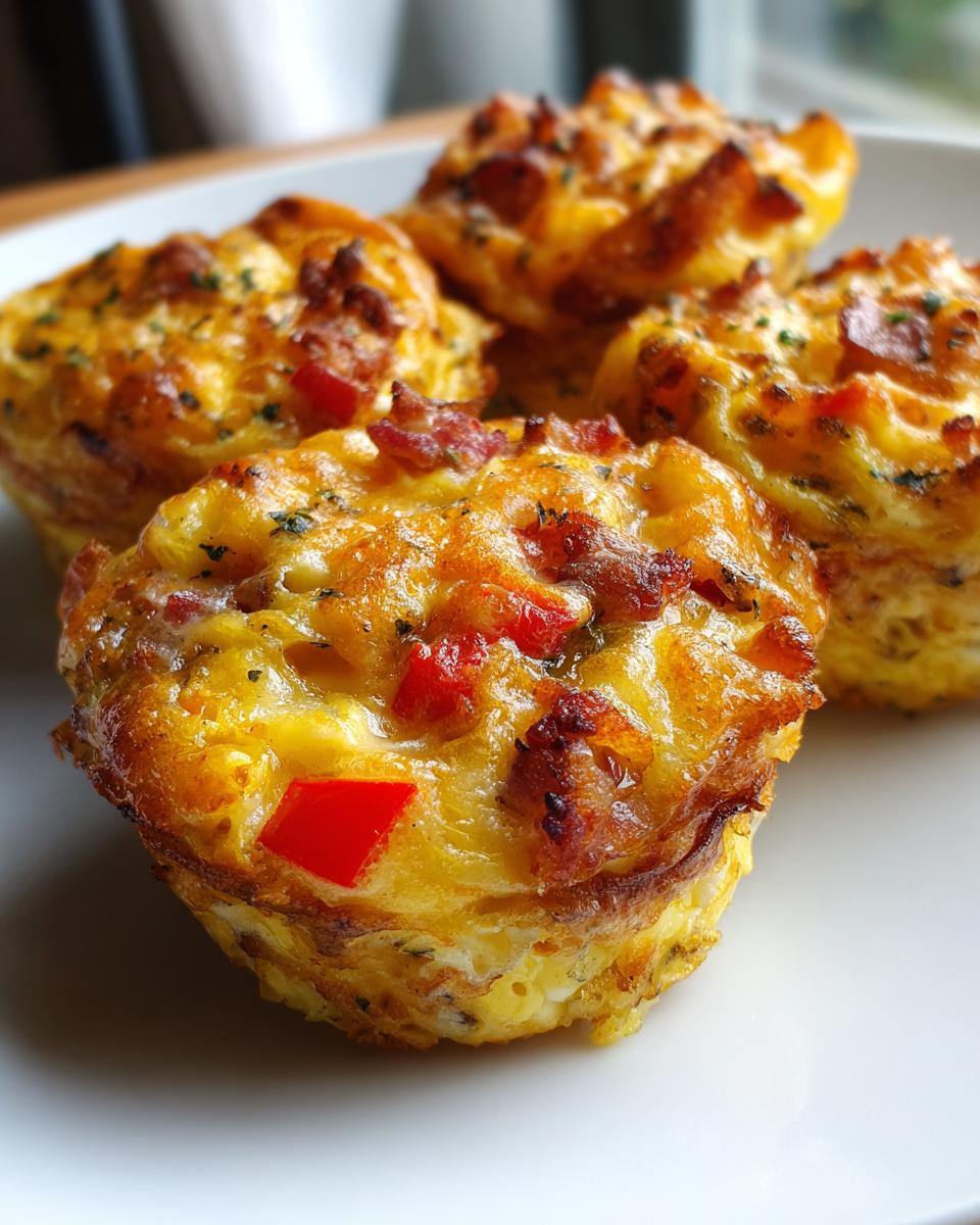 Close-up of homemade Egg Muffin Cups with visible bacon and red bell peppers on a white plate.