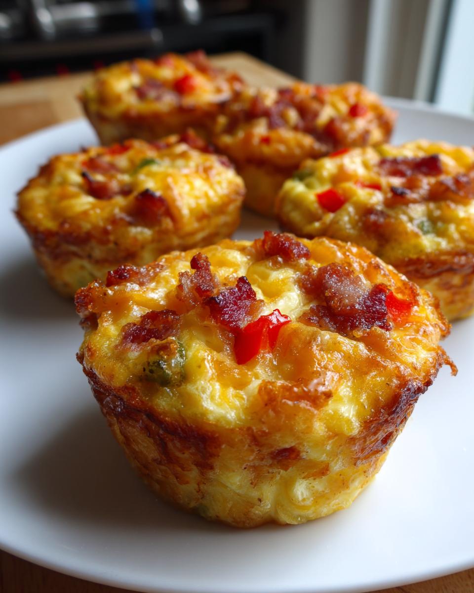 Close-up of homemade Egg Muffin Cups with bacon, peppers, and cheese on a white plate.