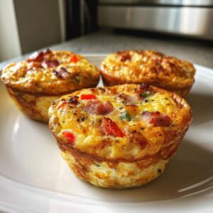 Three homemade Egg Muffin Cups on a white plate, showcasing visible ingredients like bacon and peppers.