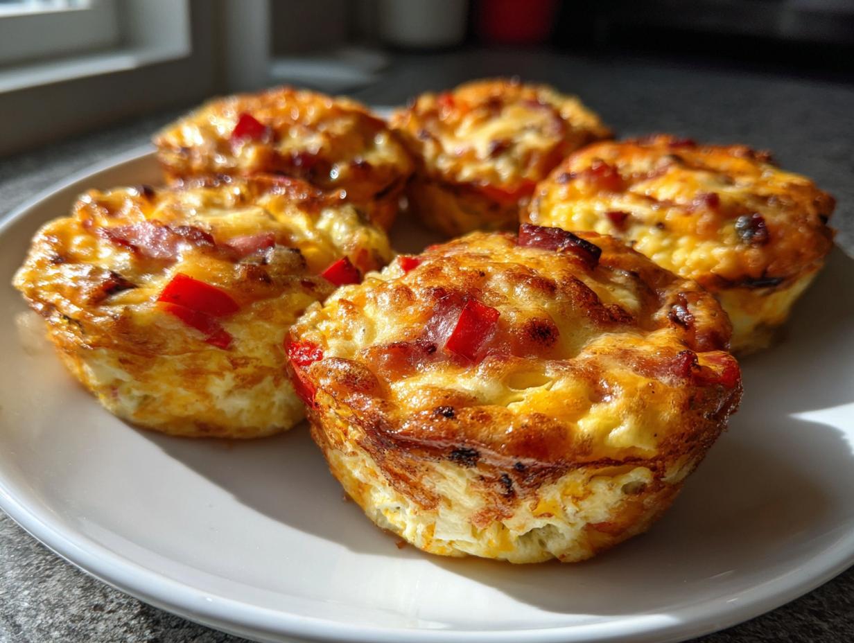 Five golden brown Egg Muffin Cups on a white plate, featuring visible red peppers and savory fillings.