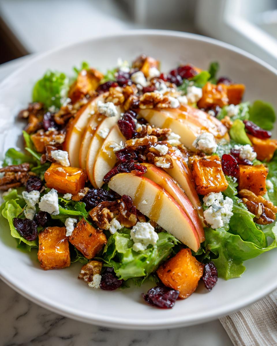 A vibrant Fall Harvest Salad featuring apples, roasted butternut squash, cranberries, walnuts, and blue cheese on a bed of lettuce.